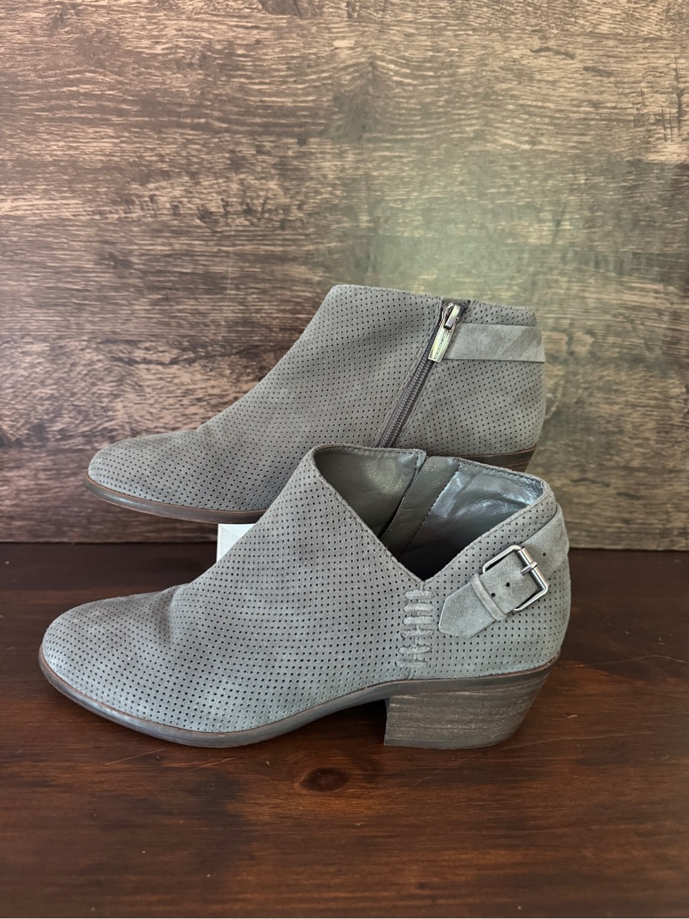 Women's Vince Camuto Perforated Grey Suede Ankle Bootie with Buckle